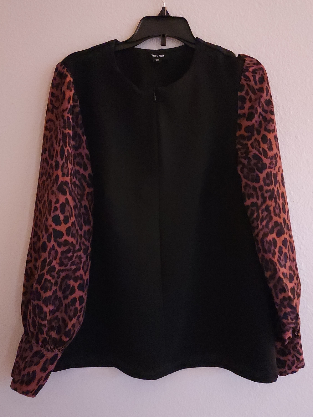 Saint + Sofia Black Leopard Print Contrast Sleeve Blouse USA 8